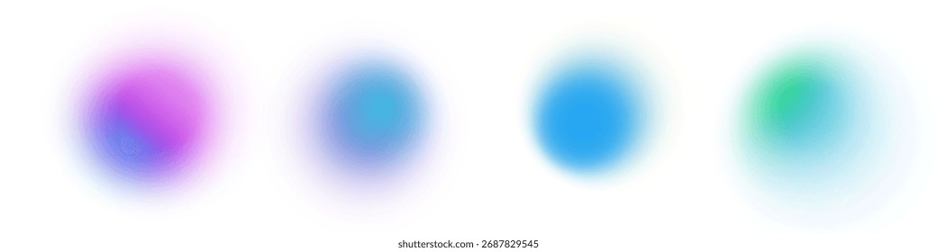 Soft gradient circles with blur and glow effect. Abstract Y2K background in blue green and violet tones. Fluid motion shapes with grainy texture and pastel light aura.