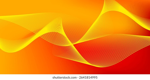 Soft gradient red, orange and yellow background with shining lines waves. Minimalist background for banner, poster, cover, brochure, flyer, website