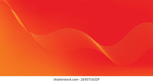Soft gradient red, orange and yellow background with shining lines waves. Minimalist background