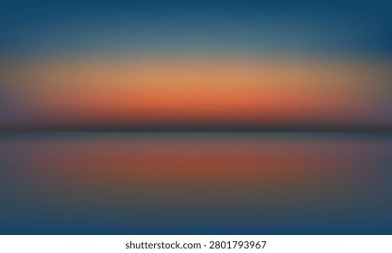 Soft gradient sky blends orange with deep blue. Still water mirrors the sky's gentle hues. Peaceful atmosphere evokes calm and quiet reflection. Ideal for backgrounds, mood boards