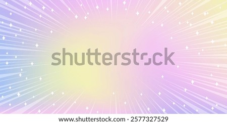 Soft gradient with stars and radial beams of light. Magic dream pastel backdrop with twinkle. Template for kids invitation, greeting card, party banner, promo Design, poster, ads