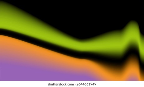 Soft gradient streaks in green orange and purple flow diagonally over black background creating abstract Halloween visual style