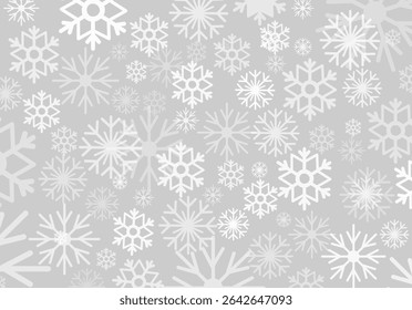 A soft gray background is adorned with a variety of delicate snowflakes, creating a perfect winter-themed vector illustration ideal for festive designs and backgrounds