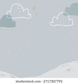 A soft gray background with a whimsical style, featuring gray clouds and gold stars. The background is dreamy and calming with gray tones. Background with copy space vector.