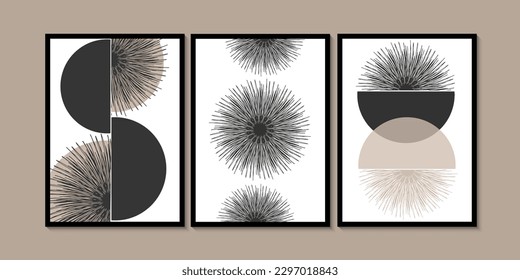 Soft gray and cream minimalist wall art. Simple round line style. Geometric shapes and circles. Modern creative pattern.