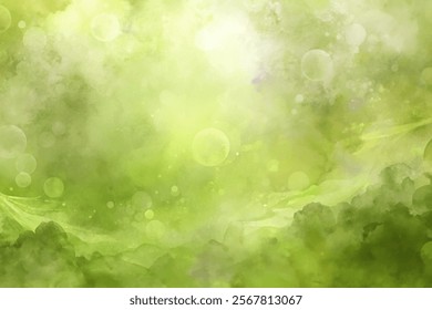 Soft green background, abstract watercolor style, dreamy bokeh effect, nature-inspired design, calming atmosphere.