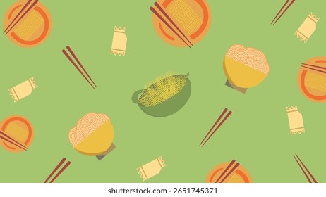 Fundo verde macio com tigelas de ramen, pratos de macarrão, doces embrulhados e pauzinhos dispostos em um layout alegre e acolhedor.