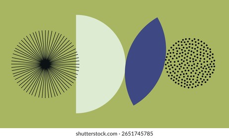 Soft green background with white, blue, and black elements arranged in arcs, dots, and half-circles. A clean and modern layout for abstract visuals and design work.