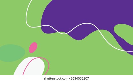 Base verde macia preenchida com formas vibrantes e ondulantes em roxo e rosa, acentuada com linhas curvas limpas.