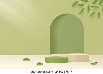 Soft green and beige 3d podium with leaf and geometric scene for nature product display vector.