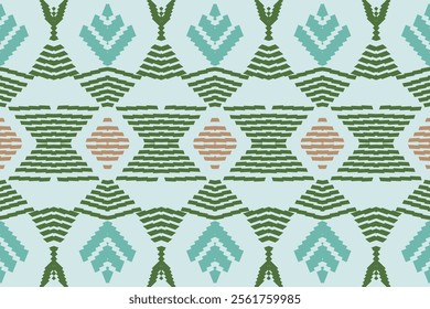 Soft Green and Blue Tribal Diamonds: Ethnic Geometric Seamless Pattern for Contemporary Decor and Fashion.