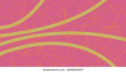 Soft green bold and chaotic curly thin orange lines. Abstract dynamic scribble. Hand-drawn looping lines on a pink background. Vector illustration in flat minimal style