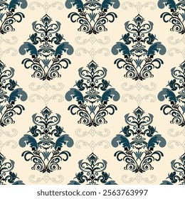 Soft green and cream classic victorian traditional seamless damask pattern, vector illustration pattern, ethnic pattern, design for wallpaper, fabric, and backdrop.