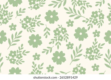 Patrón floral verde suave sobre fondo crema con hojas delicadas y flores simples. Ideal para tela, papel de regalo, papelería y decoración de interiores.