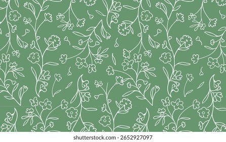 Soft green foliage background with seamless outline floral pattern of delicate leaves and flowers, perfect for nature prints, stationery and digital backgrounds.