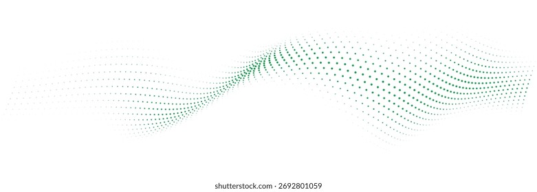 Soft green halftone wave across a bright white canvas, airy dots forming a gentle flowing ribbon, elegant minimal tech backdrop for banners, websites, presentations, clean modern vibe, spacious, calm,