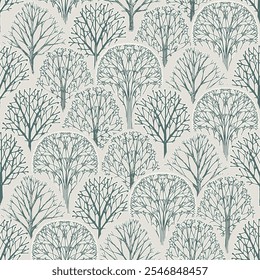 Soft green hand drawn abstract trees background texture. Vector illustration, surface pattern design