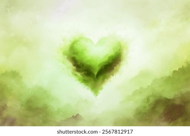 Soft green heart, watercolor texture, calming background, nature-inspired art, love and peace theme.