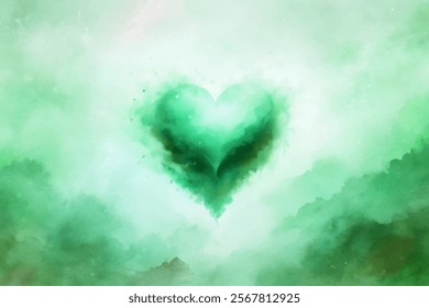 Soft green heart, watercolor texture, dreamy background, romantic theme, abstract art, calming visuals.