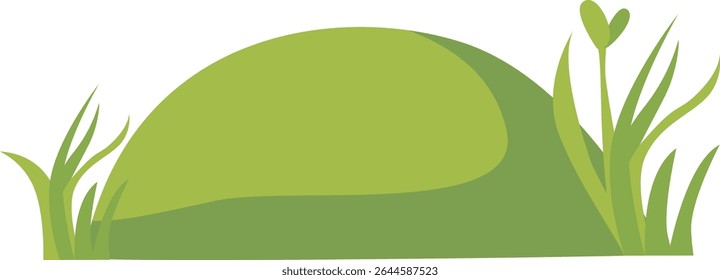 Soft green hill with grass and leafy plants, ideal for nature scenery, eco-friendly landscape design, garden decoration, outdoor environment visuals, spring backgrounds, and natural illustrations.
