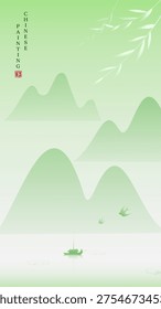 Soft green hills rise gently in mist. Lush bamboo fronds sway above the scene. Small boat drifts on calm, misty water. Two birds glide peacefully through the air. The image evokes serenity