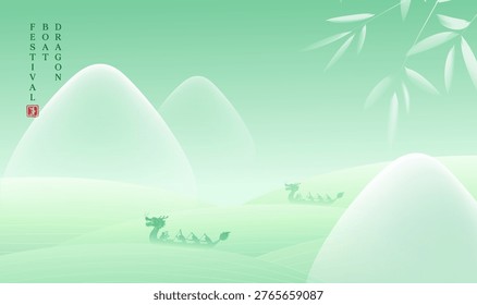 Soft green hills roll gently beneath misty skies. Bamboo leaves sway lightly in the breeze above. Dragon boat glides across calm, mist-covered waters