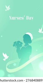Soft green hues glow gently around nurse's silhouette. White doves fly freely, symbolizing peace and care. Gentle curve swirls beneath the nurse's calm presence. Her hand holds a bouquet