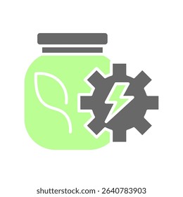 A soft green jar with gear and leaf symbol, representing clean energy solutions and environmental efficiency