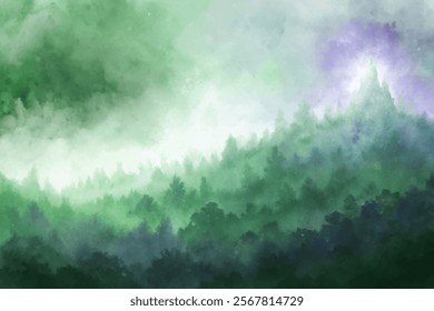 Soft green landscape, misty forest, watercolor style, serene atmosphere, nature background, calming scenery.