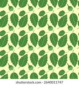 Soft Green Leaves Seamless Pattern Vector Illustration on Pastel Green Background – Perfect for Spring to Fall Themes