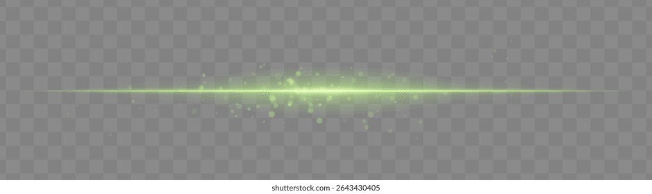 Soft green light beam with glowing spark particles on transparent background. Delicate horizontal flare ideal for fantasy effects, magic transitions, or elegant light overlays.