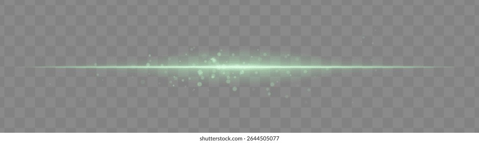 Soft green light beam with glowing spark particles on transparent background. Delicate horizontal flare ideal for fantasy effects, magic transitions, or elegant light overlays.