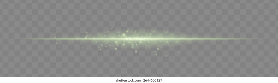 Soft green light beam with glowing spark particles on transparent background. Delicate horizontal flare ideal for fantasy effects, magic transitions, or elegant light overlays.