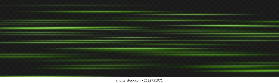 Listras de luz verde suave movendo-se em movimento em camadas no plano de fundo preto. Linhas de brilho horizontais para efeitos digitais, transições rápidas e animações de ficção científica.