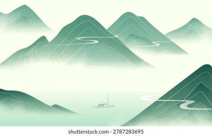 Soft green mountains rise through misty air. Lone boat drifts, quiet and serene. Waves whisper, yet stillness reigns. Fog blurs peaks, blending sky and earth. Perfect for tranquil scenes