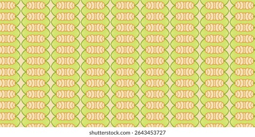 Soft green and orange seamless pattern with abstract symmetry and floral vibes. Great for eco-themed backgrounds or fabric designs.