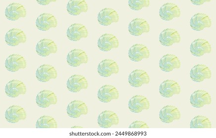 A soft green pastel pattern with stylized seashells set against a pale background, evoking serene beachside memories