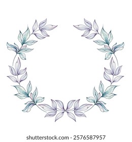 Soft green and purple leaves create a delicate wreath, perfect for adding a touch of elegance to any artistic project or design template, background, frame