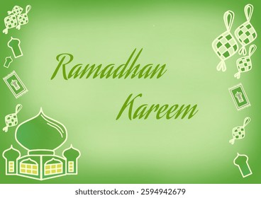 Soft green Ramadan and Eid themed background, with Ramadhan Kareem writing in the center for greeting cards, posters and banners