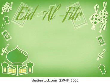 Soft green Ramadan and Eid themed background, with Eid Al-Fitr writing in the top center for greeting cards, posters, and banners