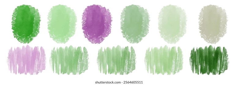 Soft green swatches, vibrant purple accents, textured brush strokes, artistic watercolor style, ideal for backgrounds.