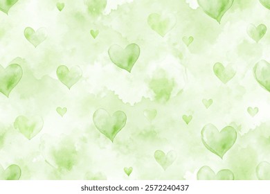 Soft green watercolor background, heart shapes, romantic design, seamless pattern, ideal for invitations, love themes.