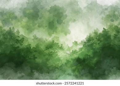 Soft green watercolor background, lush forest scenery, tranquil nature landscape, artistic texture, serene atmosphere.