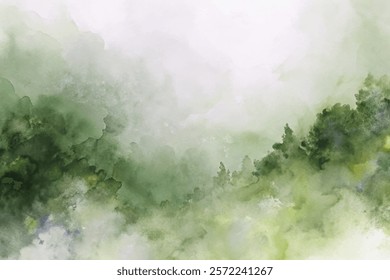 Soft green watercolor background, misty forest landscape, tranquil nature scene, artistic abstract design.