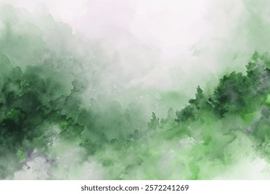 Soft green watercolor background, misty forest landscape, serene nature scene, calming artistic design.