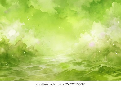 Soft green watercolor background, tranquil nature scene, abstract waves, serene atmosphere, ideal for relaxation themes.