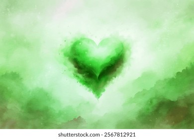 Soft green watercolor heart, abstract design, calming background, romantic theme, artistic expression, love concept.