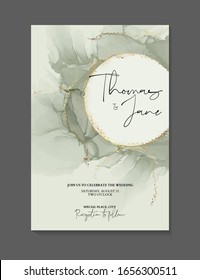Soft green watercolor ink, rustic design with gold paint color circle drop, motion alchol ink design. Ink swirling. Cloud of silky ink under water isolated on white background