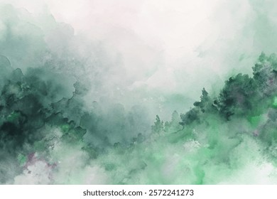 Soft green watercolor, misty forest landscape, tranquil nature scene, abstract artistic style, serene background.