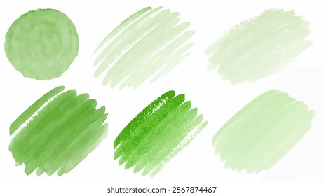 Soft green watercolor swatches, artistic brush strokes, abstract design elements, perfect for backgrounds, creative projects.